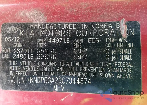 2012 Kia Sportage Lx из США, поврежденный, VIN KNDPB3A26C7344874